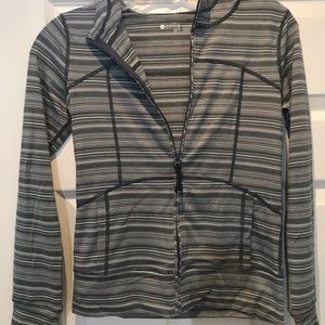 Zella Girl Black/Gray striped hoodie.